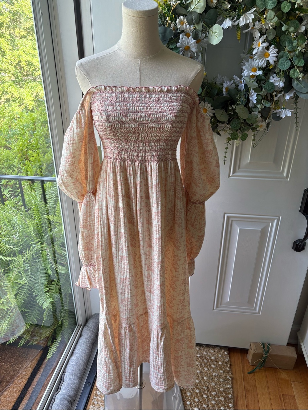 Nothing Fits But Smocked Off-Shoulder Midi Dress in Soft Peach Floral